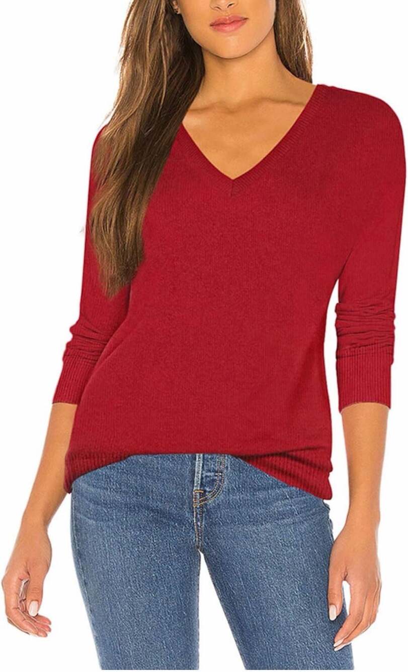 Women's V-Neck Lightweight Cotton Blend Sweater Red